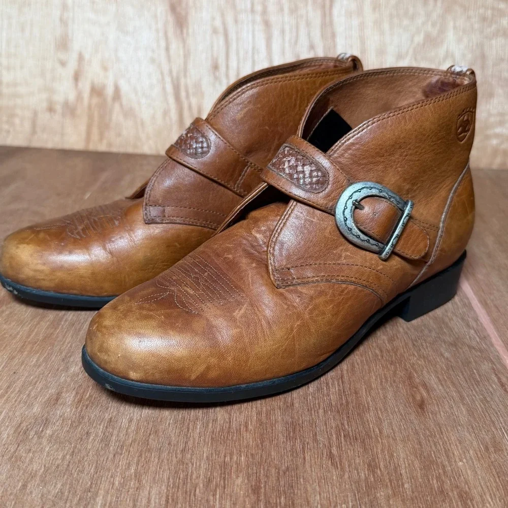 Ariat Juliet Tan Leather Western Buckle Ankle Boots Low Heel womens 7 cowboy